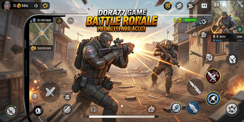 Tampilan gameplay DORA77 dengan pertempuran intens dalam Battle Royale.