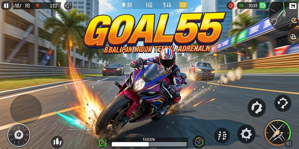 Screenshot GOAL55 menampilkan aksi balapan motor yang mendebarkan.