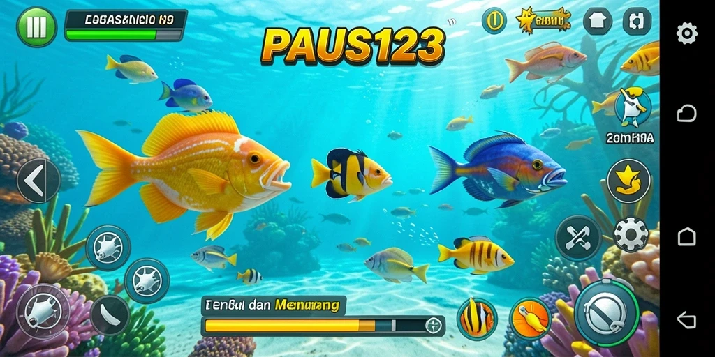 Tampilan gameplay seru dalam PAUS123 dengan banyak ikan yang bisa ditembak.